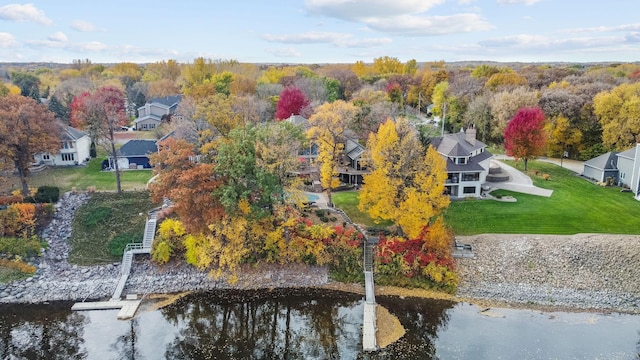 aerial view featuring a water view and a residential view