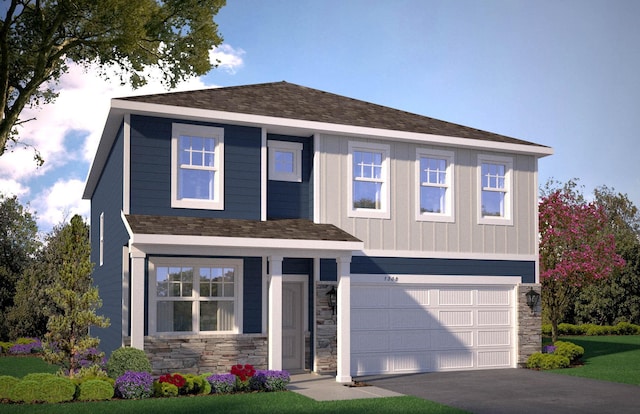 17030 Draper Way, Lakeville, MN 55044 - view of front of home with stone siding, asphalt driveway, an attached garage, and a front yard