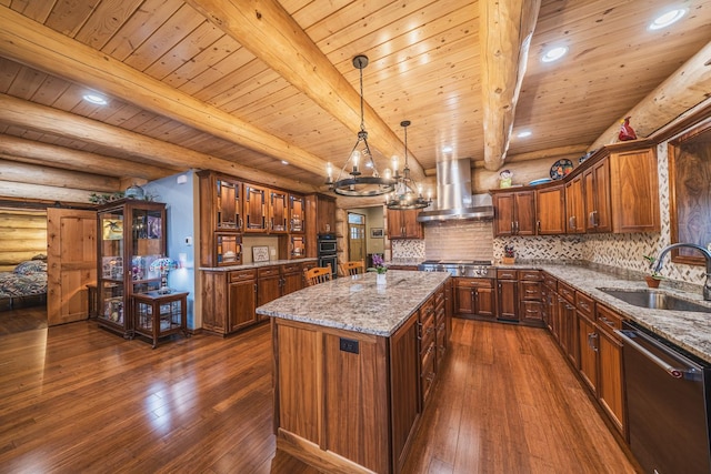 46174 County Highway 35, Vergas, MN 56587 - kitchen with appliances with stainless steel finishes, wall chimney range hood, a sink, dark wood-style flooring, and a chandelier