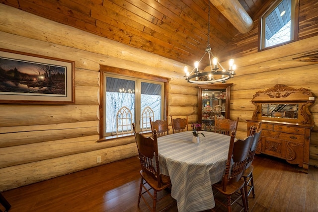 46174 County Highway 35, Vergas, MN 56587 - dining room featuring a chandelier, hardwood / wood-style floors, log walls, vaulted ceiling, and plenty of natural light