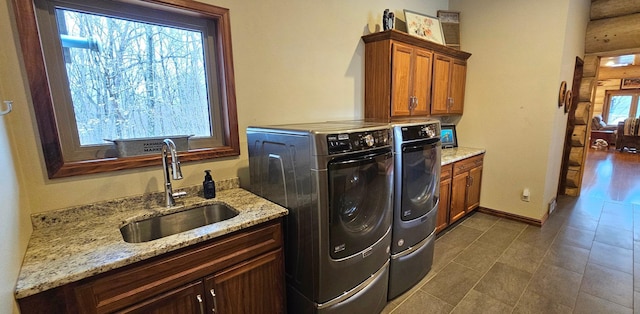 46174 County Highway 35, Vergas, MN 56587 - laundry room with washer and clothes dryer, cabinet space, and baseboards