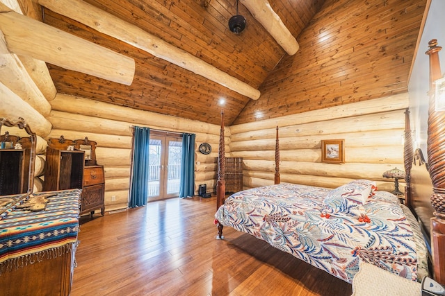 46174 County Highway 35, Vergas, MN 56587 - bedroom featuring access to exterior, log walls, wood-type flooring, and wooden ceiling