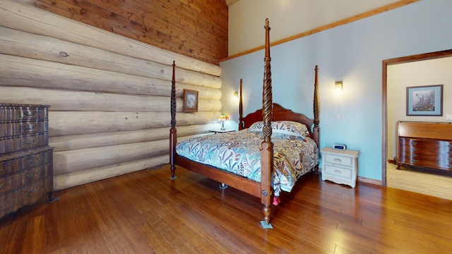 46174 County Highway 35, Vergas, MN 56587 - bedroom with log walls, wood-type flooring, and a high ceiling