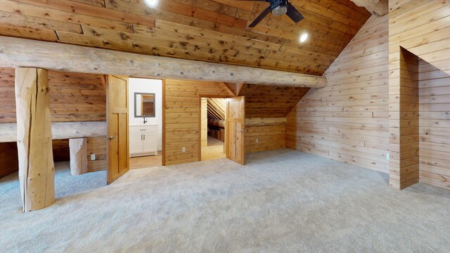 46174 County Highway 35, Vergas, MN 56587 - bonus room featuring wooden ceiling, wooden walls, light carpet, vaulted ceiling, and a ceiling fan