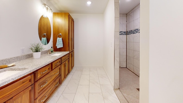 46174 County Highway 35, Vergas, MN 56587 - bathroom featuring marble finish floors, a walk in shower, double vanity, and recessed lighting