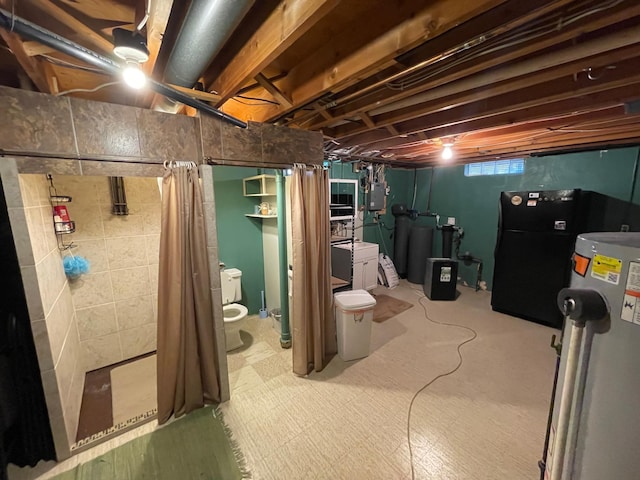 1211 Diagonal Rd, Worthington, MN 56187 - basement with water heater, a water softener system, electric panel, and refrigerator