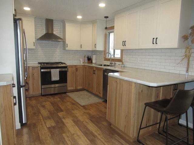 1211 Diagonal Rd, Worthington, MN 56187 - kitchen with appliances with stainless steel finishes, wall chimney range hood, a sink, a peninsula, and dark wood-style floors
