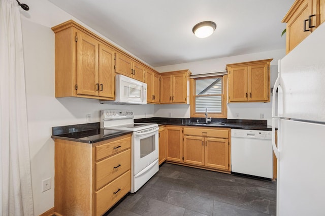 3011 Brunswick Ave S, Saint Louis Park, MN 55416 - kitchen with white appliances, a sink, and dark countertops