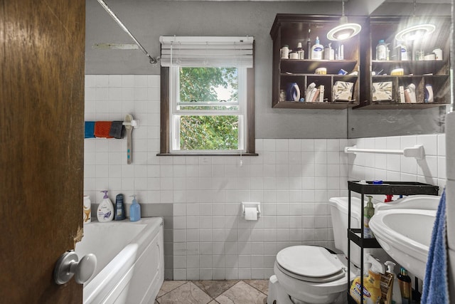 7716 Orchard Ave N, Brooklyn Park, MN 55443 - full bath with tile walls, a tub to relax in, toilet, and a shower
