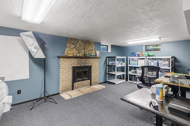 7716 Orchard Ave N, Brooklyn Park, MN 55443 - carpeted office space with a textured ceiling, a large fireplace, and baseboards