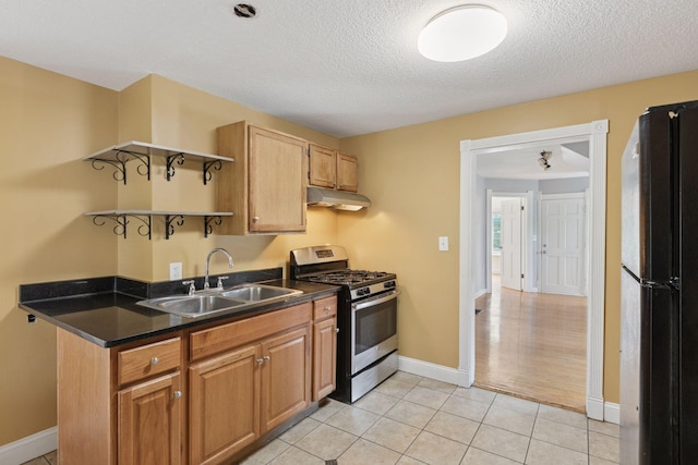 1208 University Ave NE, Minneapolis, MN 55413 - kitchen featuring freestanding refrigerator, stainless steel gas stove, open shelves, under cabinet range hood, and a sink