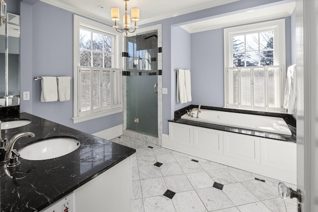 2774 Lake Of The Isles Pkwy, Minneapolis, MN 55416 - full bathroom with crown molding, a shower stall, a bath, double vanity, and a chandelier