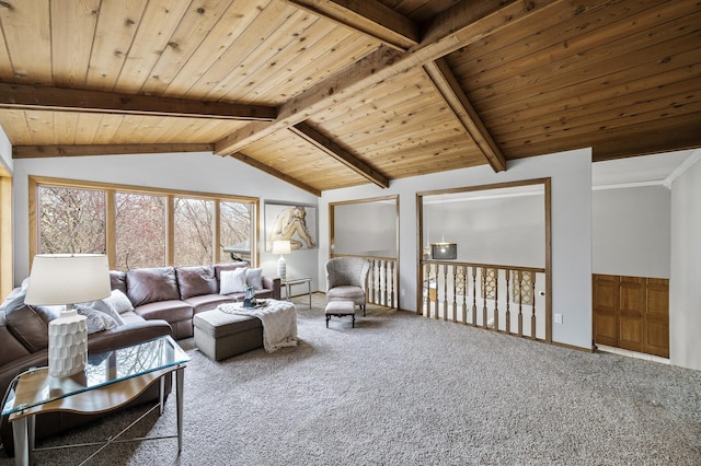 living room with wooden ceiling, vaulted ceiling with beams, carpet, and baseboards
