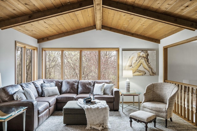 carpeted living area featuring wood ceiling, vaulted ceiling with beams, and plenty of natural light