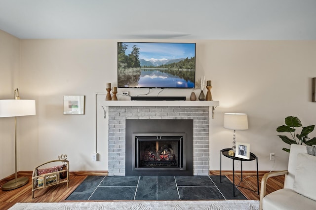room details with baseboards, a fireplace, and wood finished floors