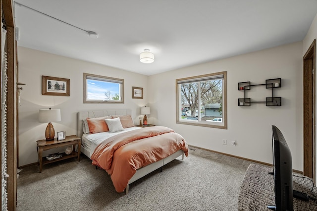 bedroom featuring baseboards, multiple windows, and carpet flooring