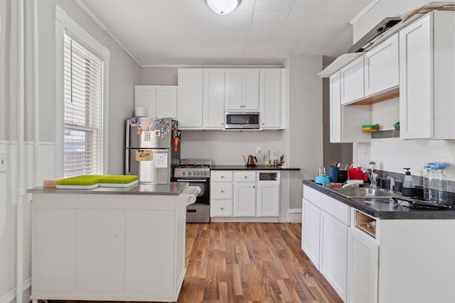 kitchen featuring dark countertops, stainless steel appliances, white cabinets, and a sink