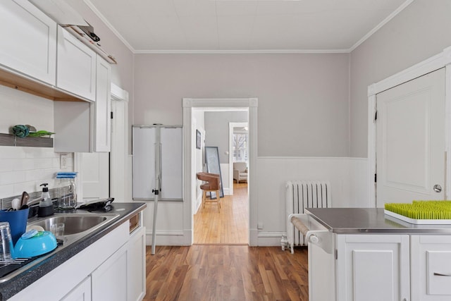 kitchen featuring wood finished floors, freestanding refrigerator, white cabinets, radiator, and stainless steel countertops