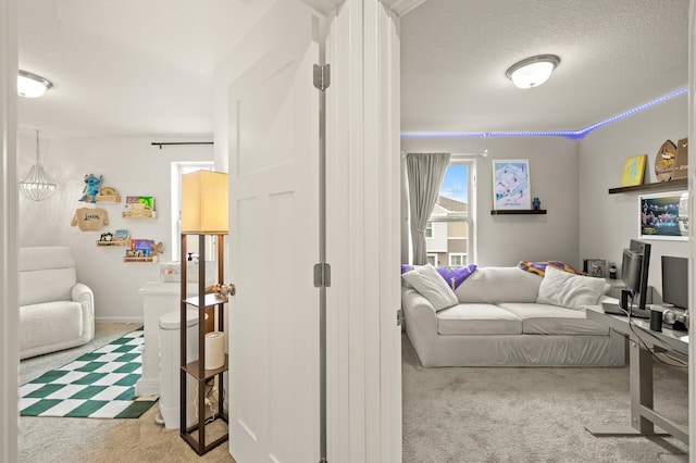 interior space with carpet flooring and a textured ceiling