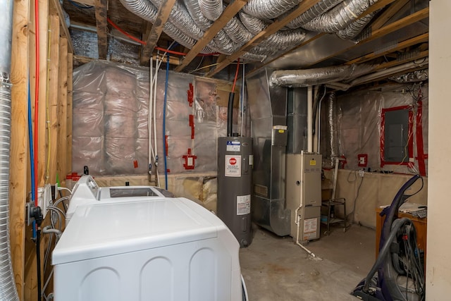 unfinished basement featuring independent washer and dryer, electric panel, electric water heater, and heating unit