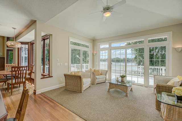 926 Kohlman Ln, Maplewood, MN 55109 - living room with a water view, light wood finished floors, ceiling fan, and vaulted ceiling