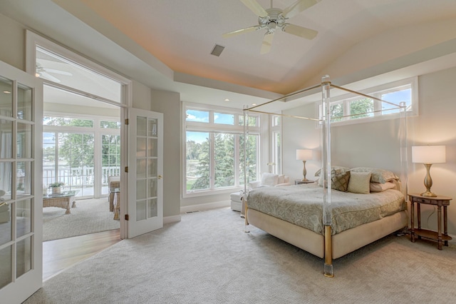 926 Kohlman Ln, Maplewood, MN 55109 - bedroom with access to outside, french doors, carpet flooring, a ceiling fan, and lofted ceiling