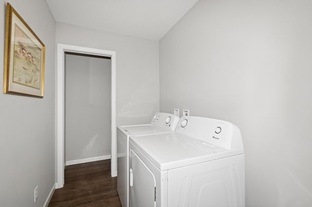 9769 Jeremiah Ct NE, Hanover, MN 55341 - laundry room with washer and dryer, dark wood-style floors, and baseboards