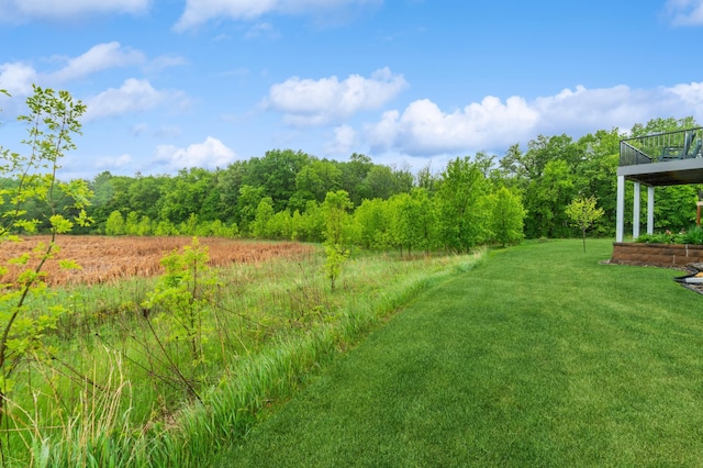 9769 Jeremiah Ct NE, Hanover, MN 55341 - view of green lawn with a wooded view and a wooden deck