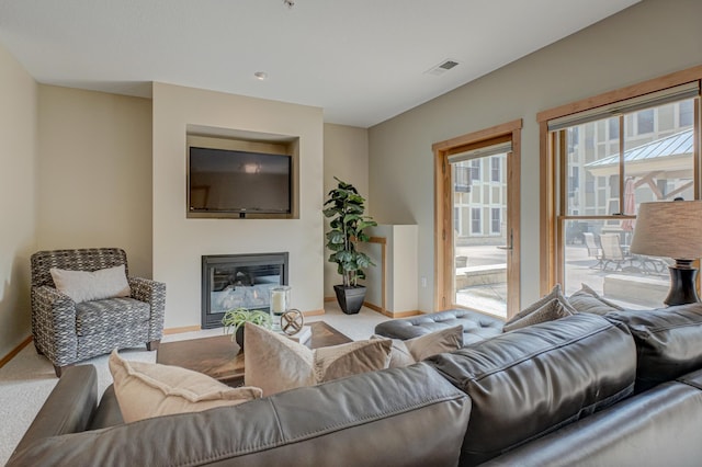 350 Main St N Unit 230, Stillwater, MN 55082 - carpeted living area with baseboards and a glass covered fireplace