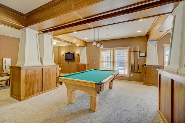 350 Main St N Unit 230, Stillwater, MN 55082 - rec room featuring light carpet, ornate columns, billiards, and recessed lighting