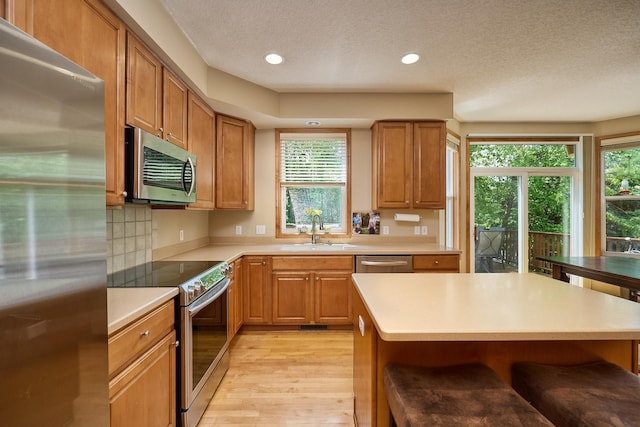 17299 66th Pl N, Maple Grove, MN 55311 - kitchen with stainless steel appliances, light wood-style floors, plenty of natural light, a kitchen bar, and recessed lighting