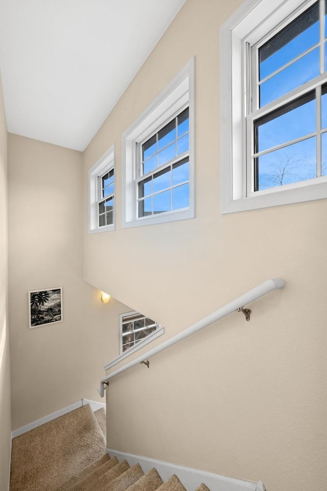 831 River Mews Ct, Minneapolis, MN 55414 - stairs featuring baseboards and carpet floors