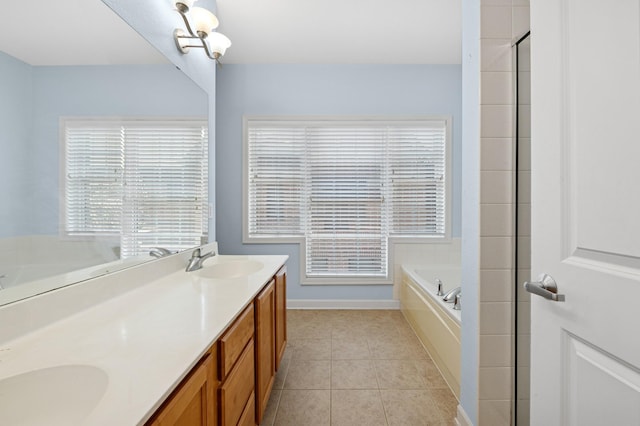 831 River Mews Ct, Minneapolis, MN 55414 - bathroom featuring a garden tub, tile patterned floors, and double vanity