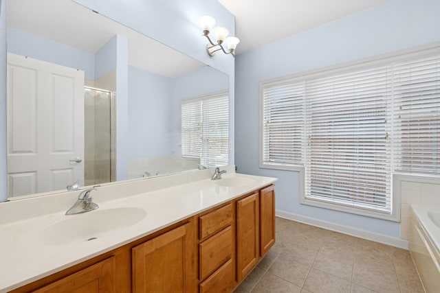 831 River Mews Ct, Minneapolis, MN 55414 - full bath featuring a garden tub, tile patterned floors, double vanity, and a shower with door