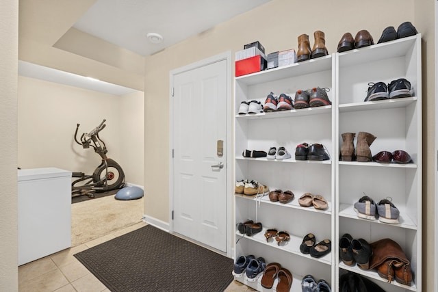 831 River Mews Ct, Minneapolis, MN 55414 - workout room featuring carpet and tile patterned flooring