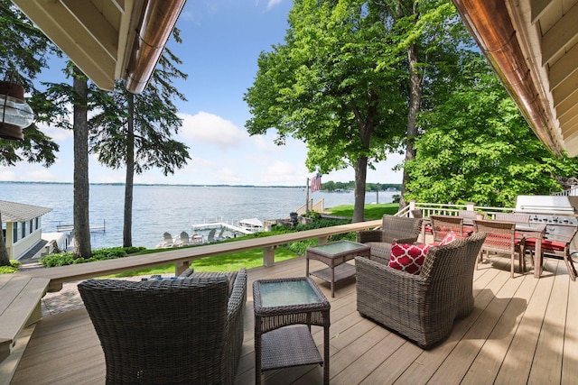 19820 Lakeview Ave, Deephaven, MN 55331 - deck featuring a water view, an outdoor living space, and grilling area