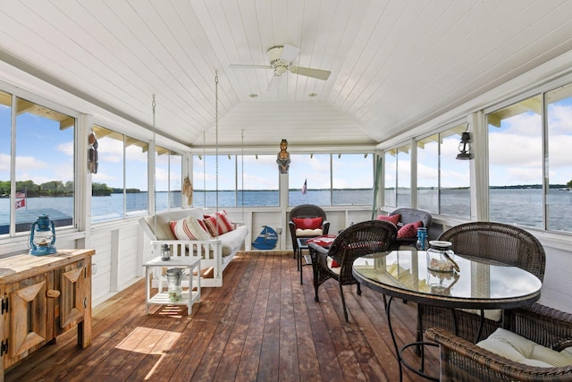 19820 Lakeview Ave, Deephaven, MN 55331 - sunroom featuring ceiling fan, wood-type flooring, a water view, wood ceiling, and vaulted ceiling