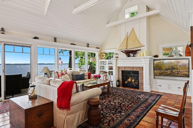 19820 Lakeview Ave, Deephaven, MN 55331 - tiled living room featuring high vaulted ceiling, a fireplace, a water view, and wooden ceiling