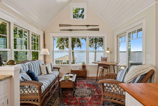 19820 Lakeview Ave, Deephaven, MN 55331 - sunroom / solarium featuring a water view, wooden ceiling, high vaulted ceiling, and wood finished floors