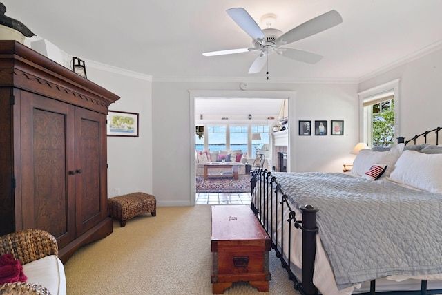 19820 Lakeview Ave, Deephaven, MN 55331 - bedroom featuring light colored carpet, ornamental molding, and ceiling fan