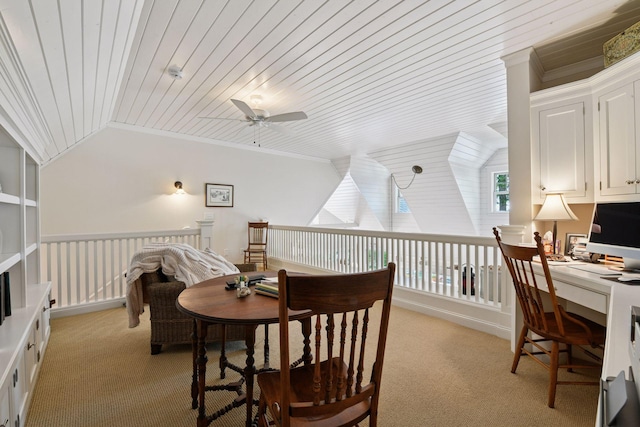 19820 Lakeview Ave, Deephaven, MN 55331 - office with ceiling fan, light colored carpet, lofted ceiling, wooden ceiling, and crown molding
