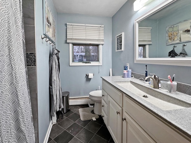 bathroom featuring vanity, a shower, toilet, a baseboard heating unit, and tile patterned floors