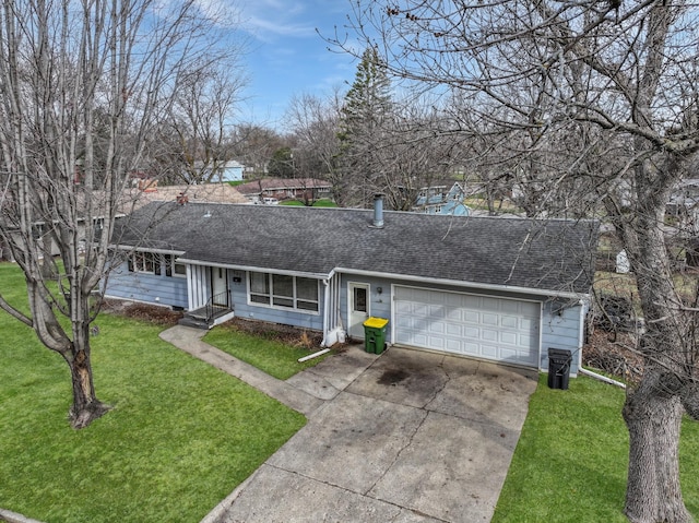ranch-style home with an attached garage, driveway, a shingled roof, and a front yard
