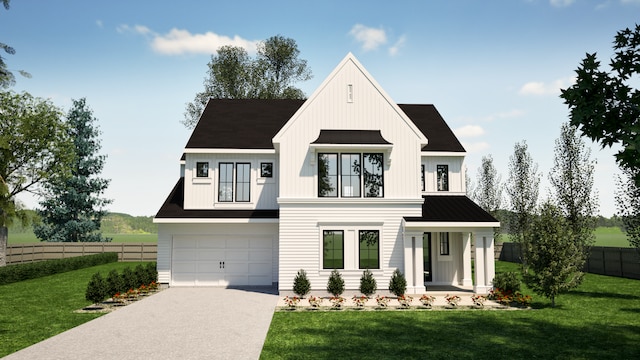 modern inspired farmhouse with a standing seam roof, metal roof, concrete driveway, an attached garage, and fence