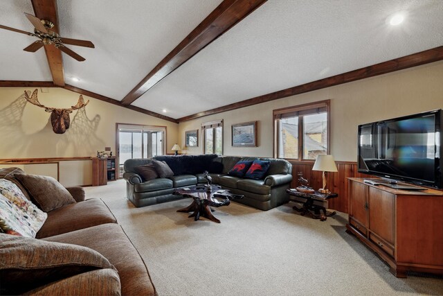 12037 Northgate Ln, Crosslake, MN 56442 - living area with light colored carpet, wainscoting, recessed lighting, and a ceiling fan