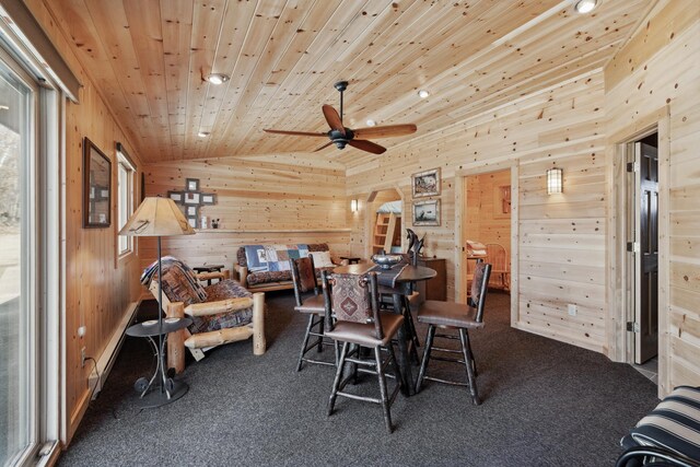 12037 Northgate Ln, Crosslake, MN 56442 - dining space with lofted ceiling, wood walls, wooden ceiling, carpet, and a ceiling fan
