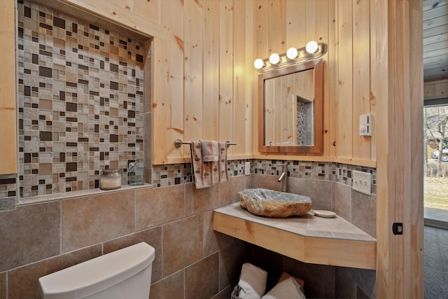 12037 Northgate Ln, Crosslake, MN 56442 - bathroom featuring toilet, decorative backsplash, a sink, and healthy amount of natural light