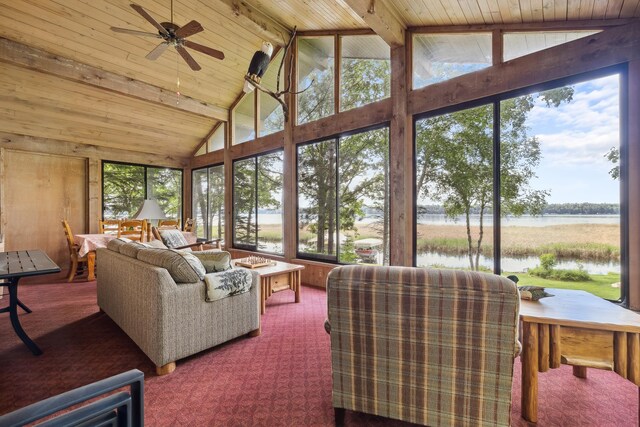 12037 Northgate Ln, Crosslake, MN 56442 - living room featuring a water view, carpet flooring, wooden ceiling, high vaulted ceiling, and beamed ceiling