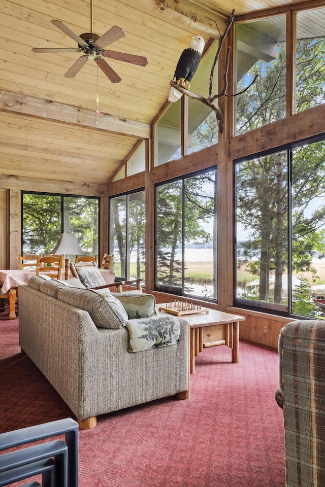 12037 Northgate Ln, Crosslake, MN 56442 - living area featuring carpet, ceiling fan, vaulted ceiling, and wooden ceiling
