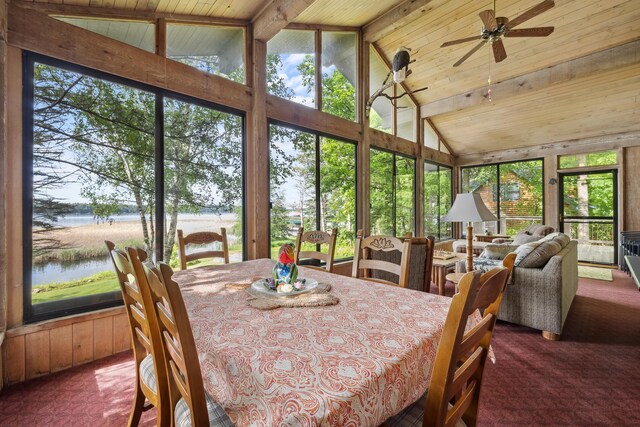 12037 Northgate Ln, Crosslake, MN 56442 - dining space featuring a water view, high vaulted ceiling, ceiling fan, wooden ceiling, and carpet floors